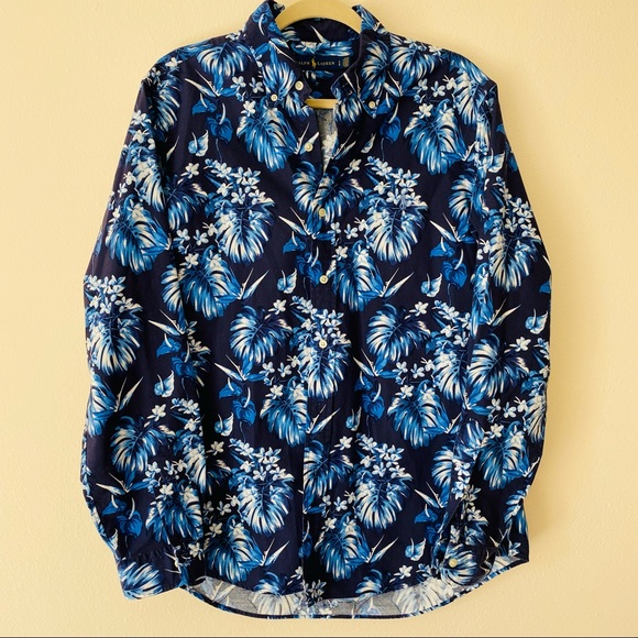 Ralph Lauren blue floral print button down Hawaiian shirt - Picture 3 of 7